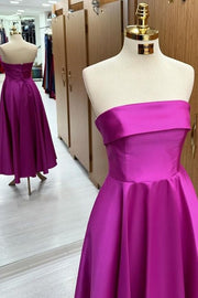 Elegant Strapless A-Line Satin Prom Dresses with Ruffles