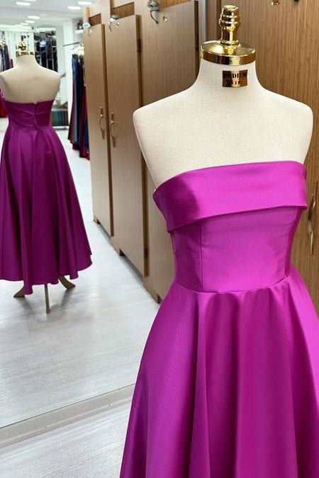 Elegant Strapless A-Line Satin Prom Dresses with Ruffles