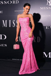 Fuchsia Sequined Strapless Mermaid Evening Prom Dresses