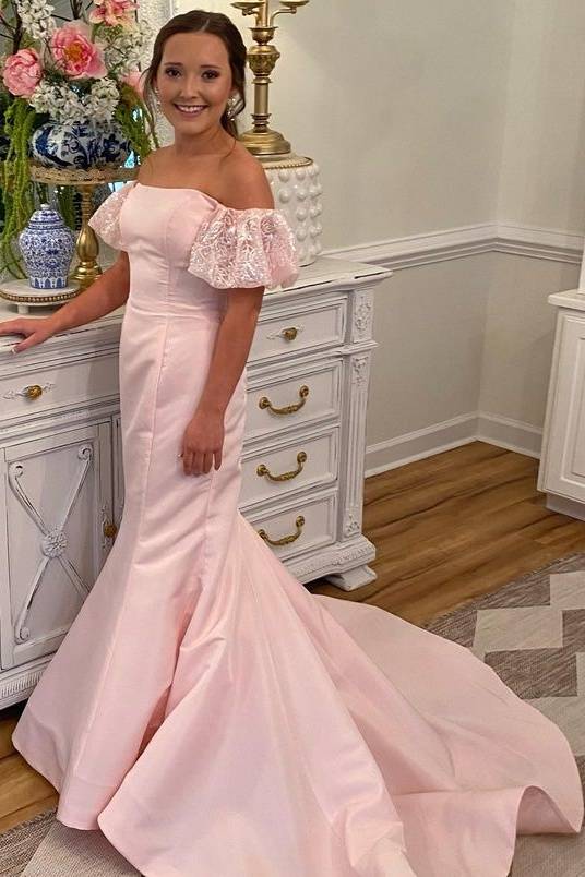 Blushing Pink Off-The-Shoulder Mermaid Satin Wedding Dresses with Chapel Train