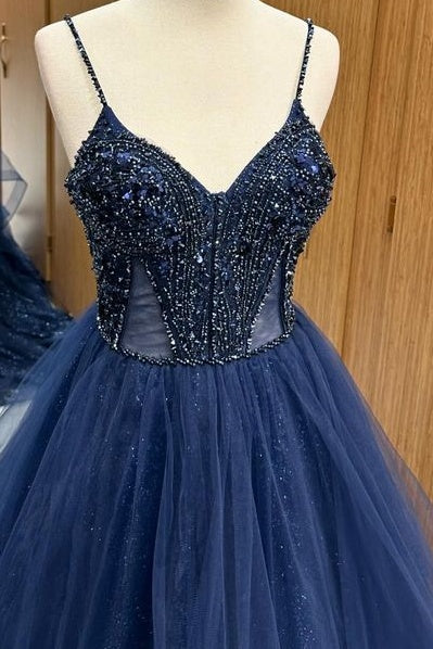 Stylish V-Neck Spaghetti Straps Sleeveless A-Line Tulle Prom Dresses with Beading