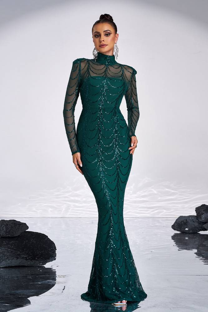 Dark Green High Neck Mermaid Sequin Evening Dresses with Long Sleeves