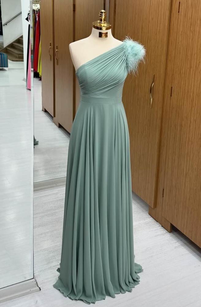 Elegant One-Shoulder A-Line Sweep Train Sleeveless Prom Dresses