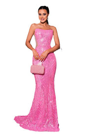 Fuchsia Sequined Strapless Mermaid Evening Prom Dresses
