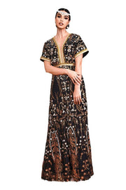 Ankle-Length V-Neck Short Sleeves A-Line Sequin Evening Dresses