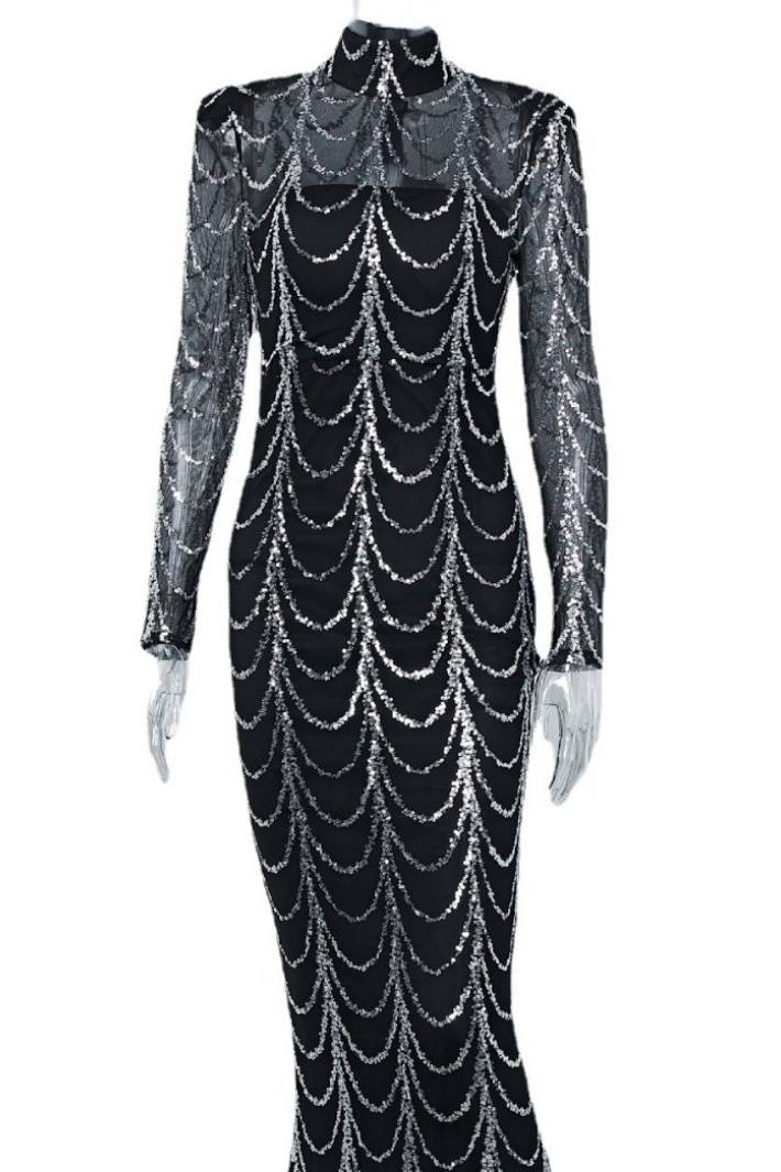 Black High Neck Mermaid Sequin Evening Dresses with Long Sleeves