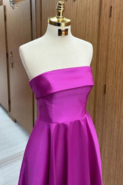 Elegant Strapless A-Line Satin Prom Dresses with Ruffles