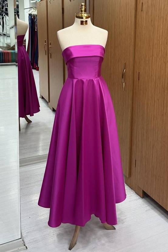 Elegant Strapless A-Line Satin Prom Dresses with Ruffles