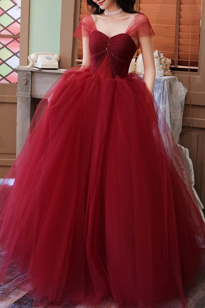 Burgundy Off-The-Shoulder A-Line Tulle Party Dresses