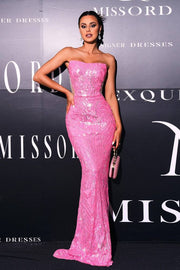 Fuchsia Sequined Strapless Mermaid Evening Prom Dresses