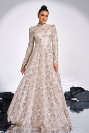 High Neck Long Sleeves A-Line Sequin Evening Dresses