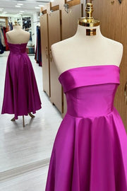 Elegant Strapless A-Line Satin Prom Dresses with Ruffles