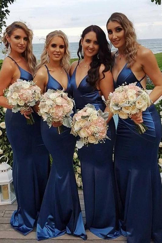 Royal Blue V-Neck Mermaid Satin Bridesmaid Dresses