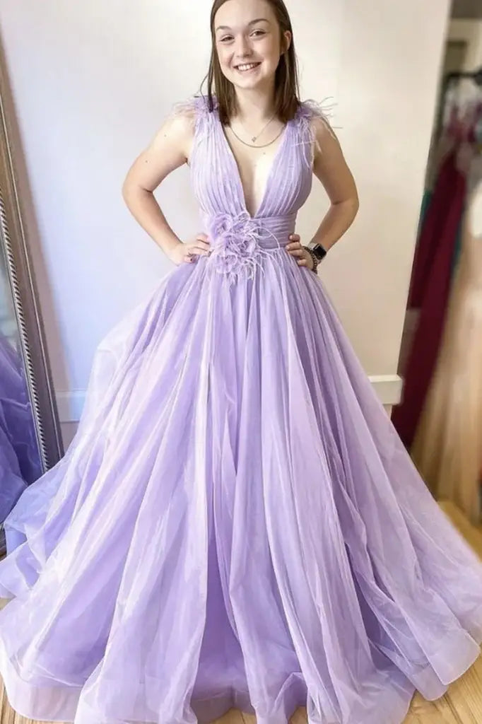 Lavender Sleeveless A-Line Tulle Party Prom Dresses with Fur