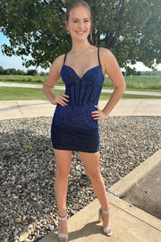 Dark Navy Sequined Spaghetti Strap V-Neck Short Homecoming Dresses