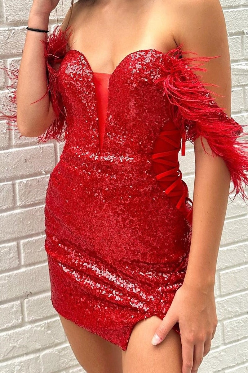 Red Sequined Off-The-Shoulder Short Mermaid Split Front Homecoming Dresses with Fur