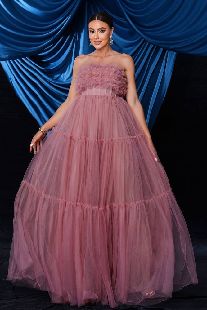 Floor-Length Strapless A-Line Tulle Evening Prom Dresses