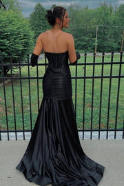 Black Long Strapless Mermaid Satin Prom Dresses with Slit