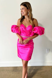 Fuchsia V-Neck Strapless Short Sheath Satin Homecoming Dresses with Sleeves