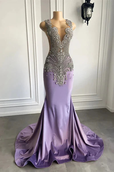 Lavender Scoop Neck Mermaid Satin Prom Dresses with Rhinestones