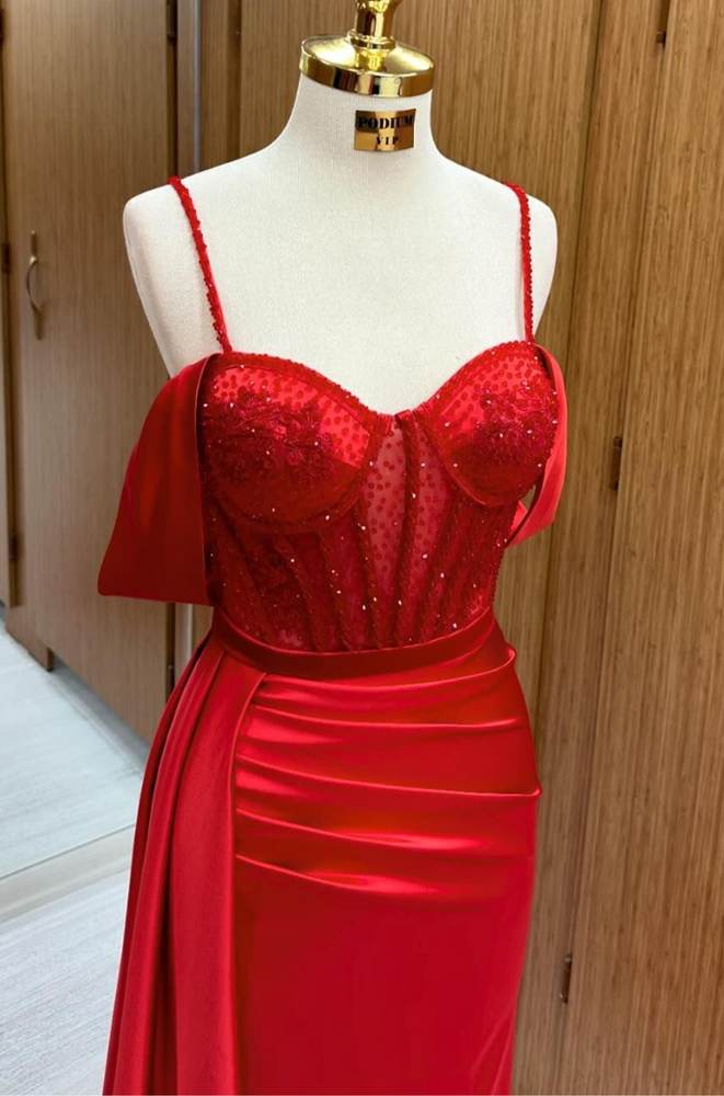 Red Long Satin Mermaid Prom Dresses Off-The-Shoulder Spaghetti Straps