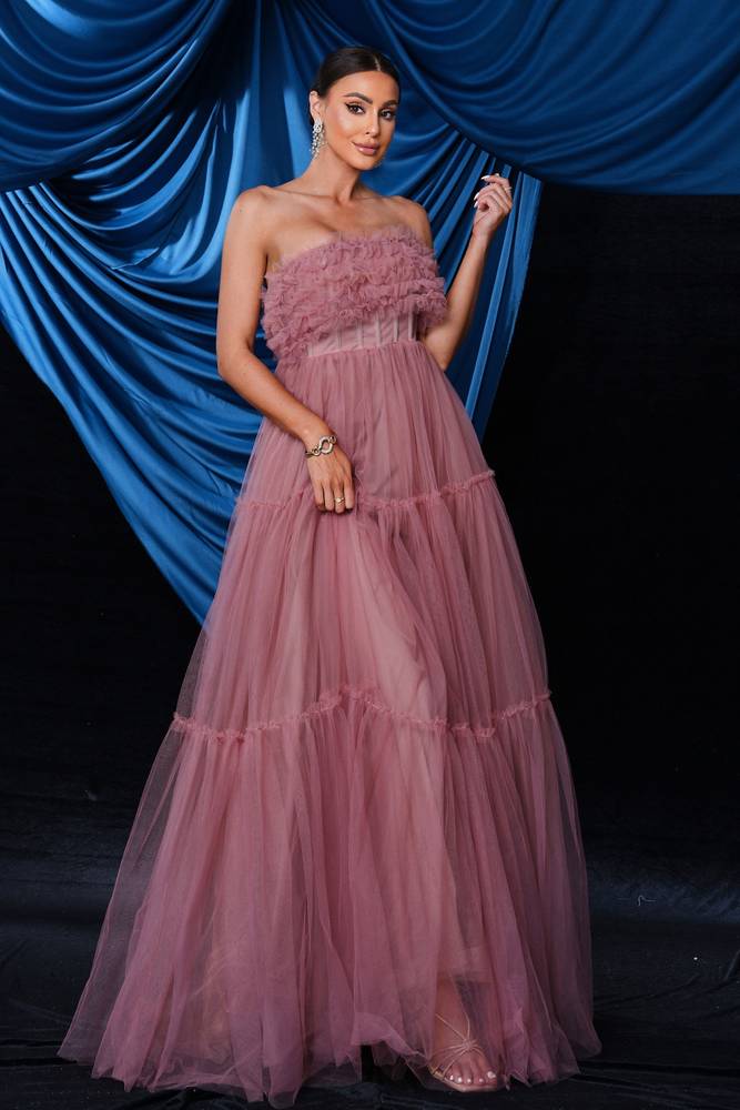 Floor-Length Strapless A-Line Tulle Evening Prom Dresses