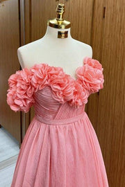 Exquisite Strapless Sweetheart Floor-Length A-Line Tulle Prom Dresses with Flowers