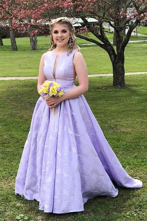 Lavender Chic Deep V-Neck Sleeveless A-Line Satin Prom Dresses with Sweep Train