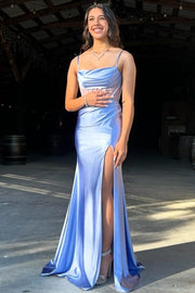 Spaghetti Straps Split Front Satin Mermaid Prom Dresses with Sweep Train