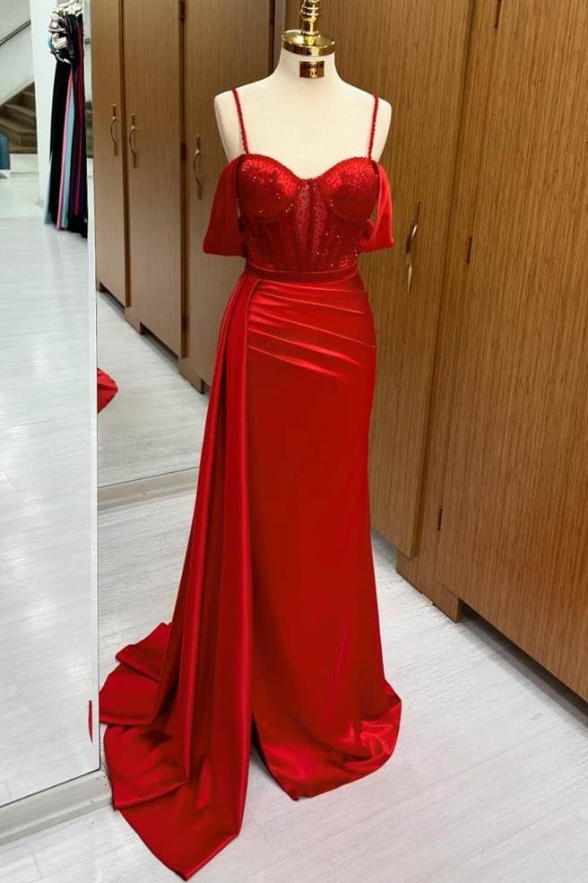 Red Long Satin Mermaid Prom Dresses Off-The-Shoulder Spaghetti Straps