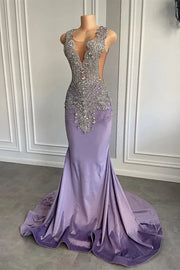 Lavender Scoop Neck Mermaid Satin Prom Dresses with Rhinestones