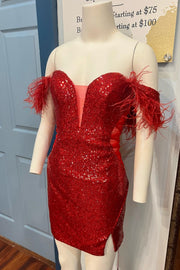 Red Sequined Off-The-Shoulder Short Mermaid Split Front Homecoming Dresses with Fur