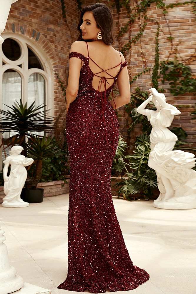 Burgundy Spaghetti Straps Off-The-Shoulder Mermaid Sequin Prom Dresses with Slit