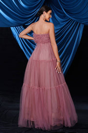 Floor-Length Strapless A-Line Tulle Evening Prom Dresses