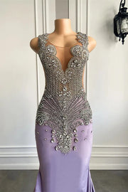 Lavender Scoop Neck Mermaid Satin Prom Dresses with Rhinestones