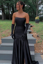 Black Long Strapless Mermaid Satin Prom Dresses with Slit