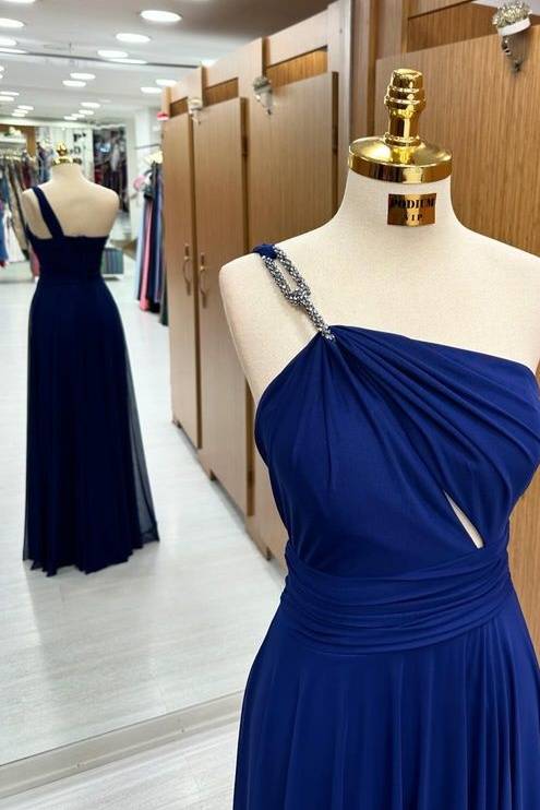 Exquisite One-Shoulder Floor-Length Spaghetti Straps A-Line Chiffon Prom Dresses