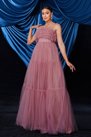 Floor-Length Strapless A-Line Tulle Evening Prom Dresses