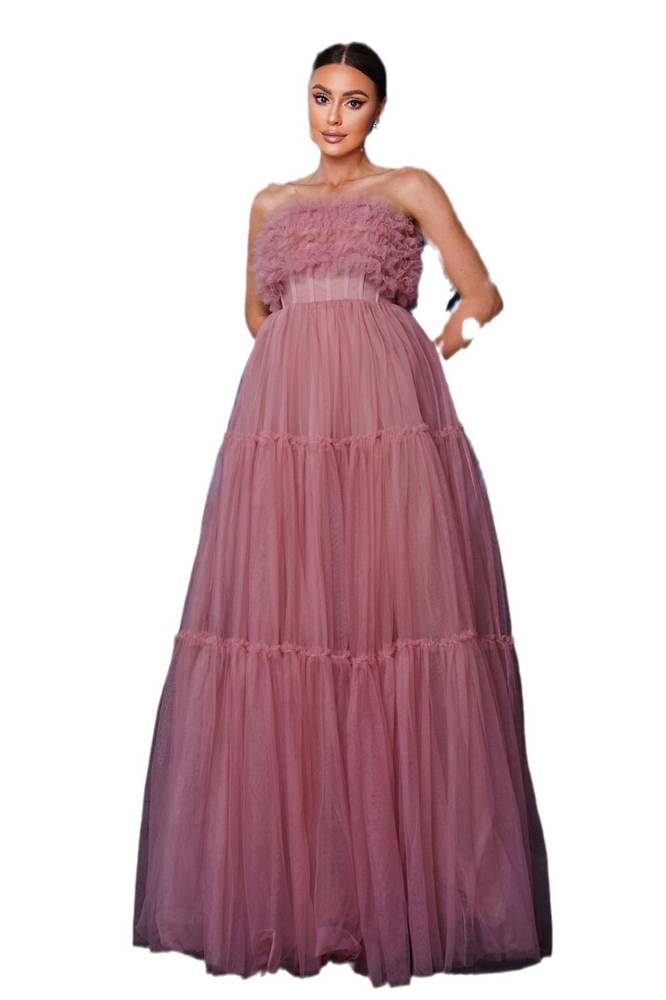 Floor-Length Strapless A-Line Tulle Evening Prom Dresses