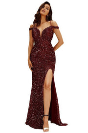 Burgundy Spaghetti Straps Off-The-Shoulder Mermaid Sequin Prom Dresses with Slit