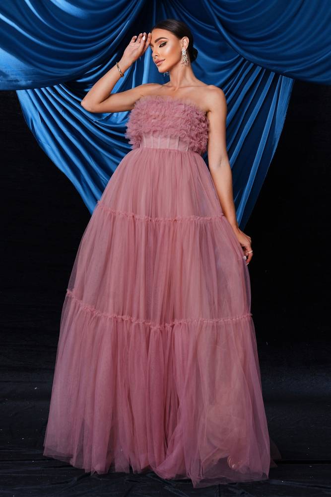 Floor-Length Strapless A-Line Tulle Evening Prom Dresses