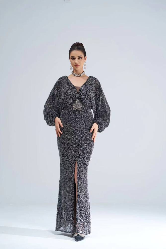 Ankle-Length Mermaid SequinLong Sleeves Prom Dresses with Slit