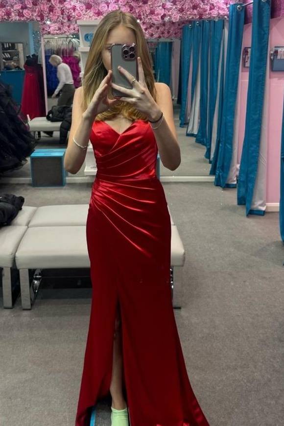 Red V-Neck Mermaid Satin Prom Dresses with Slit