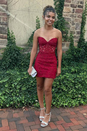 Burgundy Strapless Sweetheart Bodycon Homecoming Dresses with Appliques