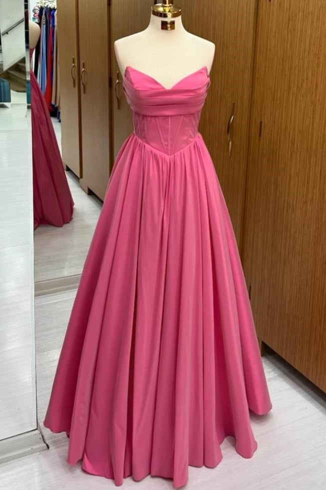 Pink V-Neck Floor-Length A-Line Strapless Satin Prom Dresses