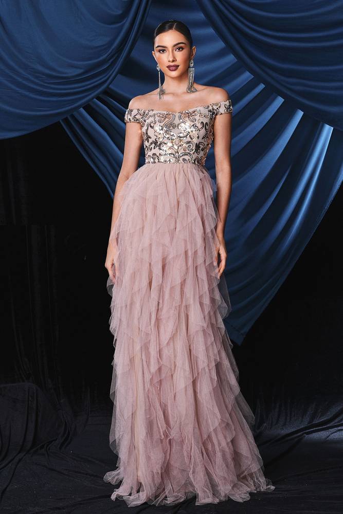 Off-The-Shoulder A-Line Tulle Prom Evening Dresses with Ruffles