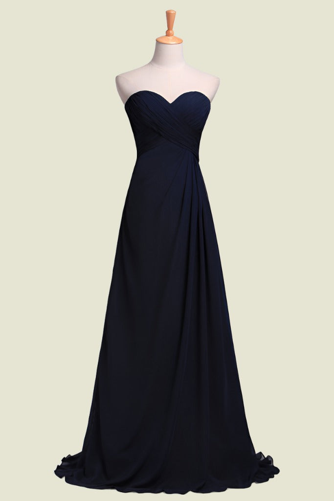 Dark Navy Strapless A-Line Sweetheart Chiffon Long Bridesmaid Dresses