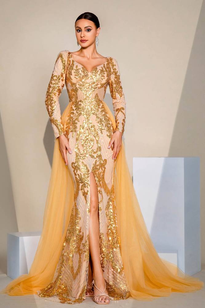 Gold Sequin Mermaid Tulle Split Front Evening Dresses with Long Sleeves