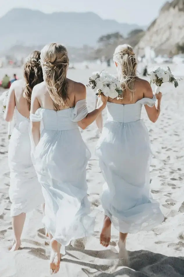 Sky Blue Floor-Length Off-The-Shoulder Chiffon Bridesmaid Dresses