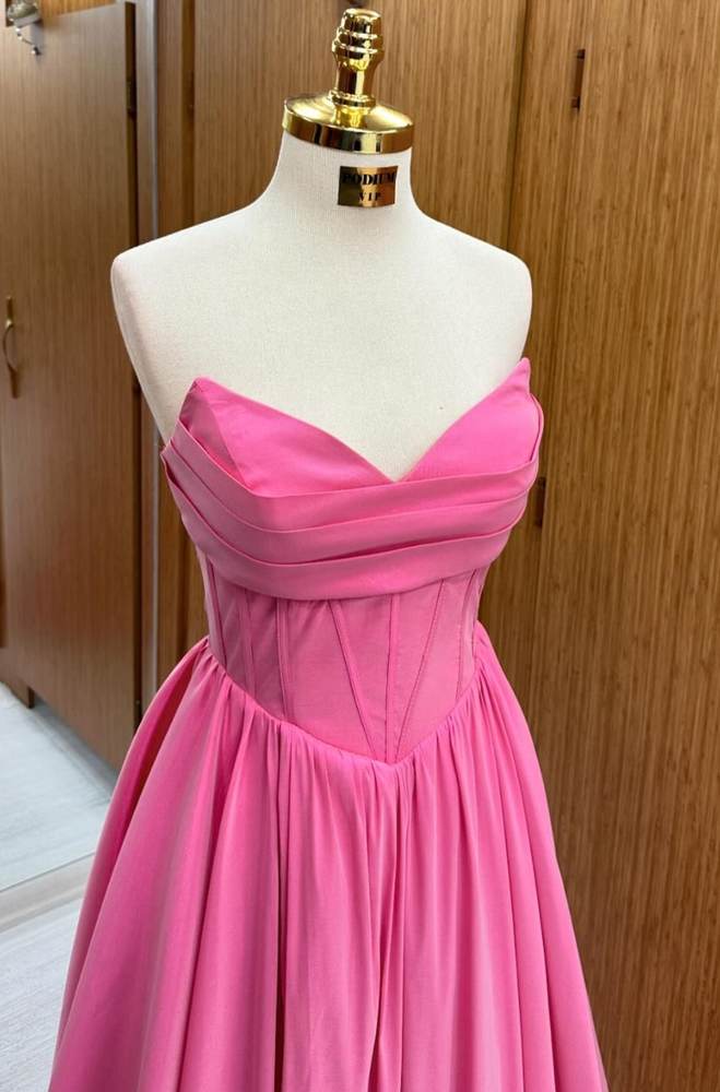 Pink V-Neck Floor-Length A-Line Strapless Satin Prom Dresses